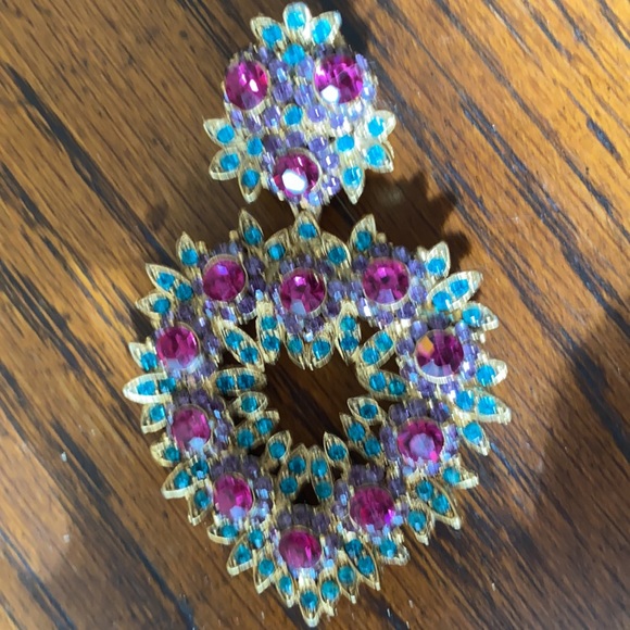 THELMA DEUTSCH EARRINGS: Large Heart Dangle with Fuschia/Violet/Turquoise stones - Picture 5 of 5